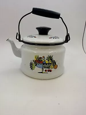 Vintage Enamelware Tea Kettle Pot White Floral • $9.55