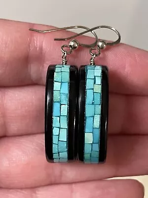 Mine Finds By Jay King 925 Sterling Black Onyx & Mosaic Turquoise Inlay Earrings • $29.99