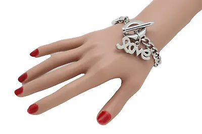 Women Wrist Fashion Bracelet Silver Color Metal Chain Link LOVE Charm Nail Heart • $13.99