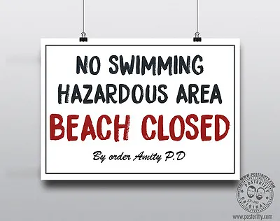 JAWS 'Beach Closed' Sign - Minimalist Movie Poster Print Posteritty Minimal Art • £10