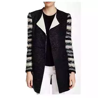 McGinn Womens Wool Blend Striped Tweed Knit Textured Blazer Coat Size 10 Navy • $98.04