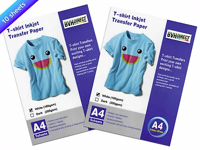 10 A4 T SHIRT TRANSFER PAPER IRON ON Light FABRICS HEAT PRESS INKJET PRINT  • £12.99