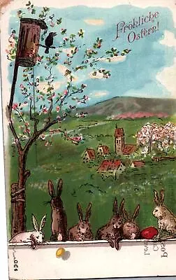 BUNNIES VILLAGE COLORED EGGS BIRD HOUSE On Lovely Vintage EASTER Postcard • $4.79