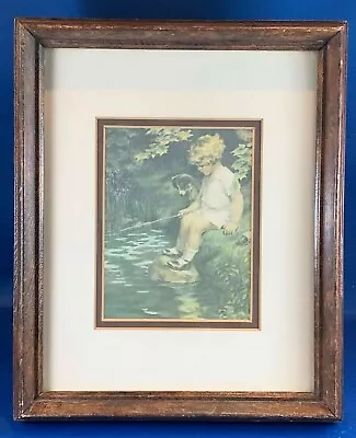 Vintage Wood Framed & Matted Picture: Young Girl & Dog Fishing A Stream  9 X 11” • $24.95