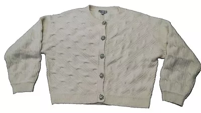 J Crew Women's Cardigan Sweater Wool Alpaca Rhinestone Fisherman Cable Cream L • $34.39