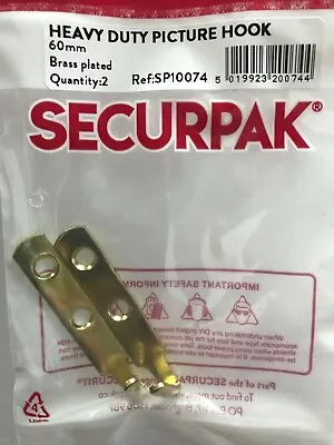 Heavy Duty Picture J Hooks Mirror 60mm Securit Brass 2 Pack SP10074 • £1.99