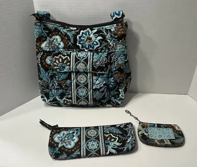Vera Bradley “Java Blue” 3 Pc Set Large Cross-Body Purse Bag ID Wallet Zip Pouch • $28.76