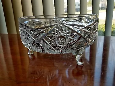 Vintage Clear Heavy Cut Glass Large Tri FootedOrnate Bowl Crystal Excellent Cond • $57