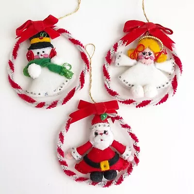 3 Vintage Christmas Felt Sequin Chenille Ornaments Santa Snowman Angel Kitsch • $34