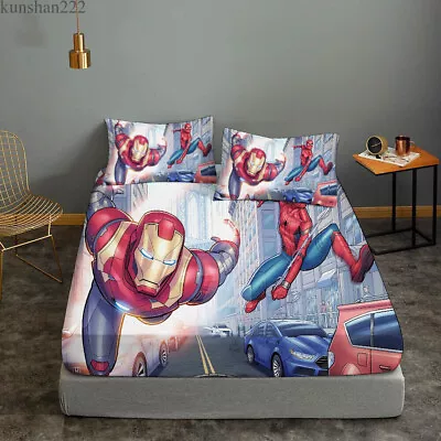 Iron Man Spiderman Bedding Set 3PCS Fitted Sheet Mattress Cover Two Pillowcase • $46.54