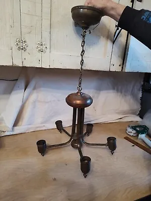 Antique Art Deco Chandelier 5 Arm Copper Brass Ceiling Fixture WORKS • $95