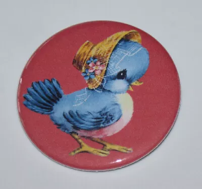 BLUE BIRD IN BONNET MAGNET Or PIN BUTTON Spring Summer Vintage Art (Pink) • $3.89