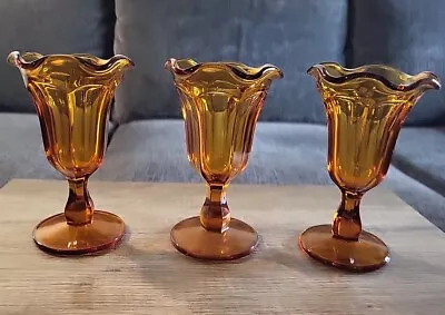 Vintage Set Of 3 Amber Gold Ice Cream Sundae Parfait Fluted Pedestal Glasses🍨 • $19