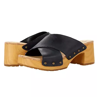Urban Outfitters Womans 5 Ecote Leather Slip On Clogs Wood Platform Sandal Black • $45