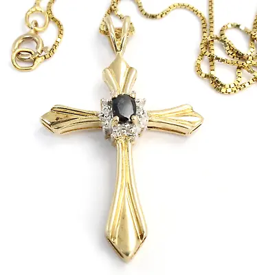 + Solid 14k Gold Sapphire & Diamond Cross Necklace Charm Pendant 18  Chain • $369