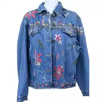 Susan Bristol Vintage 90s Embroidered/appliqued Denim Jean Jacket Large • $30