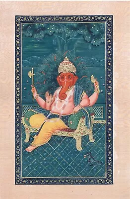 Lord Ganesha Painting Hand Miniature Hindu Religious Art On Cloth 7x11 Inches • $99.99