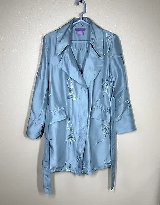 Vintage Suzanne Somers 100% Silk Trench Jacket Embroidered Birds Size Small Teal • $30