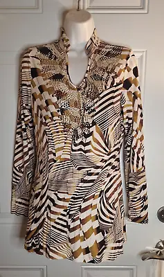 V Cristina V-Neck Embellished Long Sleeve Brown Blouse Top Size Small • $15.40