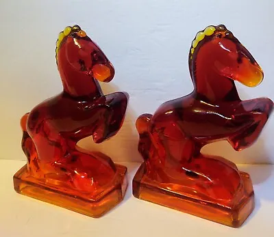 L.E. Smith Vintage Red Amberina Glass Rearing Horse Bookends Pair • $75