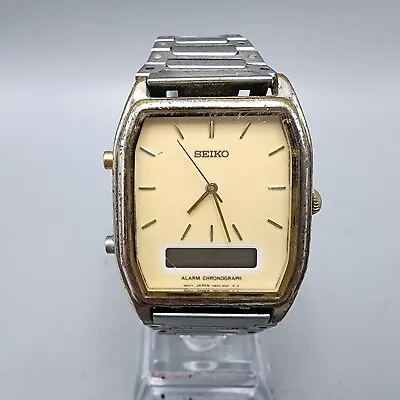 Vintage Seiko Watch Men Silver Tone Analog Digital Alarm Chrono H601-5589 PARTS • $8.31