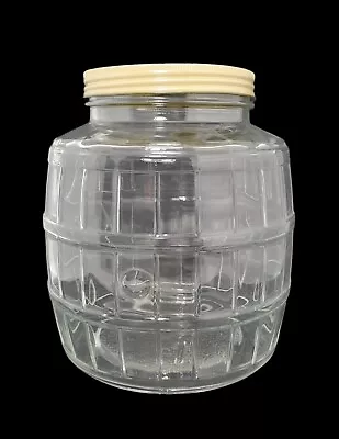 Vintage 1 Gallon Clear Glass Barrel Pickle Jar Screw On Metal Lid Cookie Jar • $26