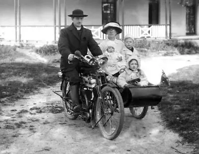 1920's Priest &  Family On Motorcycle And Sidecar Old Photo 8.5  X 11  Reprint • $14.84