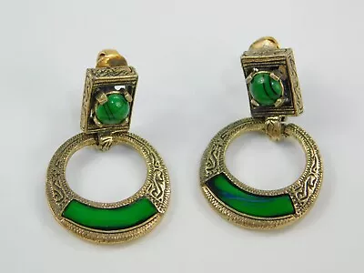 Vintage Miracle Green & Gold Tone Celtic Etched Door Knocker Clip On Earrings • $74.99