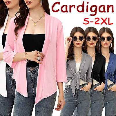 Women 3/4 Sleeve Shrugs Tie Up Open Front Shawl Cardigan Sweater Cover Up S-2XL  • $14.24