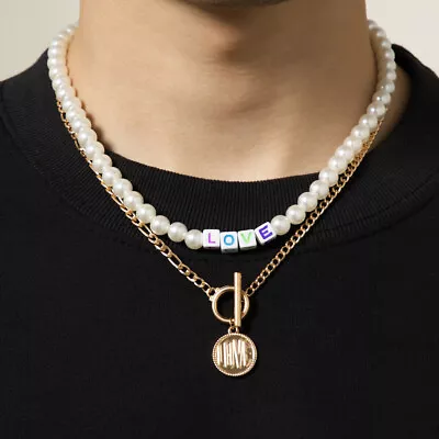 Men's Mixed Pearl Acrylic LOVE Letter Necklace Round Pendant Collarbone Chain • $5.59