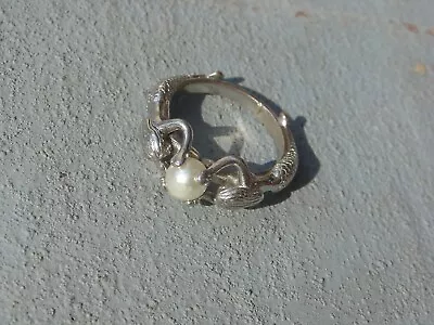 Vintage 925 Sterling Silver Ring Mermaid Pair Holding Faux Pearl Size 7 3/4 • $29.95