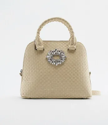 Zara Beige Yellow Plaited Beaded City Bag With Crystals Crossbody • £21