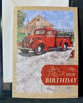 Birthday Card Vintage Fire Truck Scene Fireman • $2.50