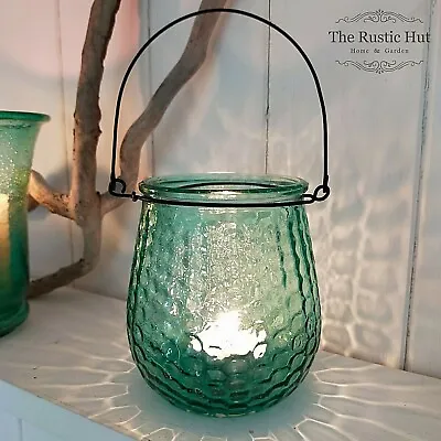 Hanging Garden Lantern Tea Light Candle Holder Ocean Blue Recycled Glass • £7.95