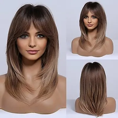 Long Brown Wigs For Women Layered Synthetic Hair Wig With Fringe • £29.63
