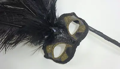 Black Gold Masquerade Carnival Party Ball With Long Feathers Eye Mask On A Stick • £22.99