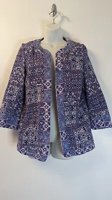 M&S INDIGO Blue Mix Pure Cotton Open Front Patchwork Print Jacket UK 10 • £7