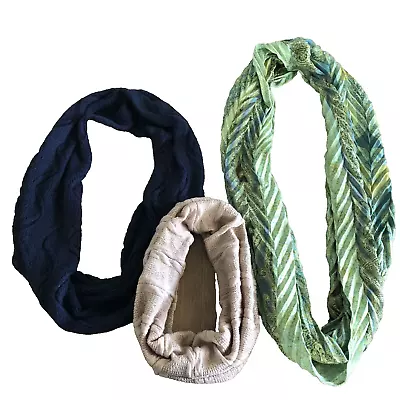 Lot Of 3 Fashion Infinity Scarves Spring Summer Blue Green Beige Assorted Length • $4.99