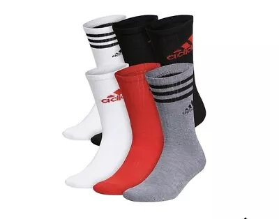 Adidas Mens Athletic Cushioned Crew Socks Black Gray Red  6 Pack Size 9-13 • $24.99