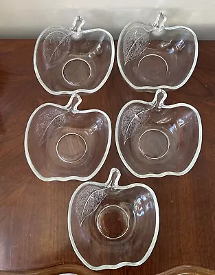 Apple Shaped Clear Glass Desert  Snack Dishes Set Of 5 KIG Etched Leaf EUC • $19.99