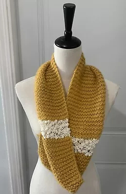 Handmade Mustard Yellow Cream Infinity Scarf Knit Pom Pom Gift Boho Fuzzy Cozy • $16.99