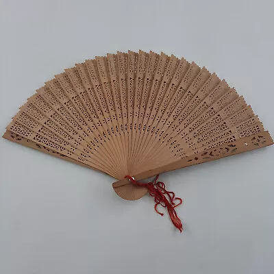 Folding Fan Hand-Carved Sandalwood Fan Brown Vintage Handmade 14x8 Inches EUC • $21.86