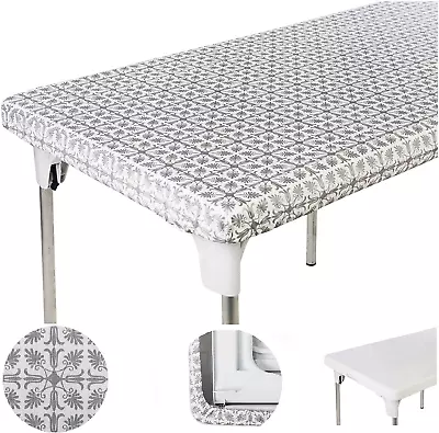 5 Foot 60 X 30 Inch Silver Patterned Tablecloth Elastic Corner Fitted Rectangula • $26.19