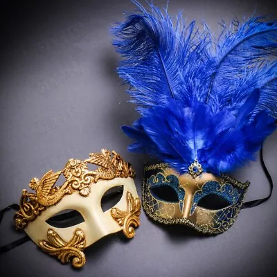 Couple Mask Feather Venetian His & Her Mask Costume Party Ball Masquerade Mask • $23