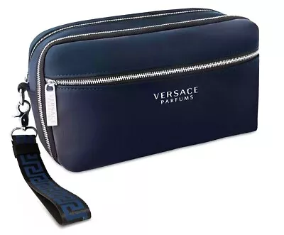 VERSACE Parfums Blue & Black Travel Case Toiletry Pouch Mens Dopp Bag + Dust Bag • $36.96