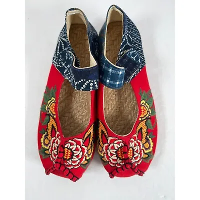 Girls Or Womens Size 4.5 Ethnic Boho Mary Jane Espadrilles Embroidery Cloth Shoe • £18.46