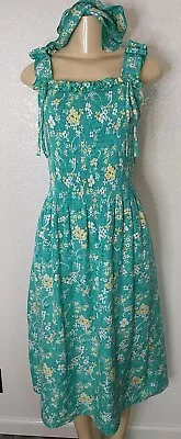 Vintage 70s Handmade Women's Dress Cotton Smocked Floral Prairie With Hair Scarf • $30