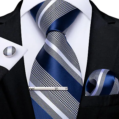 Mens Silk Necktie Set Blue Paisley Tie Clip Pocket Square Cufflinks Set Wedding • £11.99