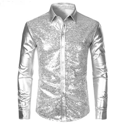 Silver Sequins Glitter Shirt Men Disco Party Costume Stage Performance Shirt Top • $29.70