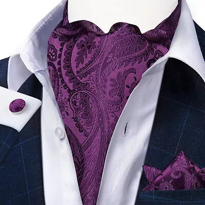 Men's Silk Ascot Cravat Tie Blue Paisley Floral Check Hanky Cufflink Set Wedding • $11.99